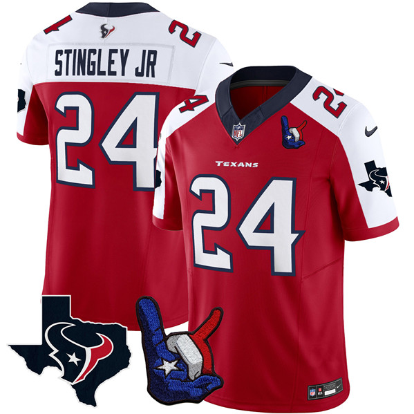 Men's Houston Texans #24 Derek Stingley Jr. Red White 2023 F.U.S.E. With Hand Sign Throwing Up The H Patch Vapor Untouchable Limited Stitched Football Jersey