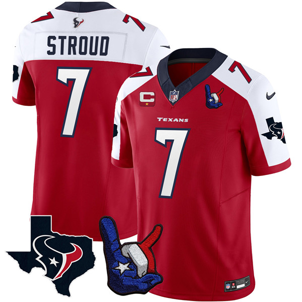 Men's Houston Texans #7 C.J. Stroud Red White 2023 F.U.S.E. With 1-Star C And Hand Sign Throwing Up The H Patch Vapor Untouchable Limited Stitched Football Jersey