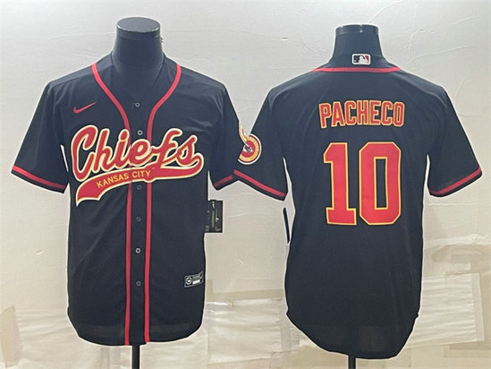 Men's Kansas City Chiefs #10 Isiah Pacheco Black With Patch Cool Base Stitched Baseball Jerseys