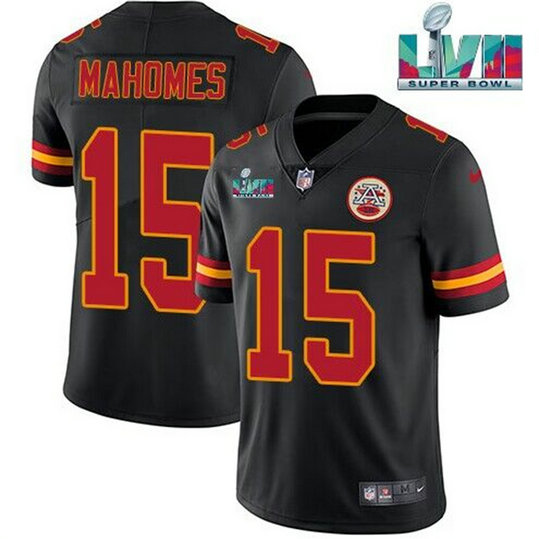 Men's Kansas City Chiefs #15 Patrick Mahomes Black Super Bowl LVII Patch Vapor Untouchable Limited Stitched Jersey