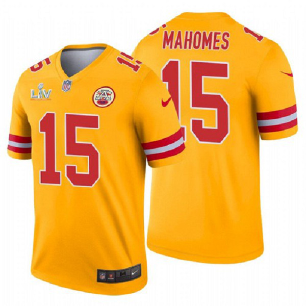 Men's Kansas City Chiefs #15 Patrick Mahomes II Inverted Gold 2021 Super Bowl LV Jersey