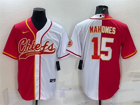 Men's Kansas City Chiefs #15 Patrick Mahomes Red White Split With Patch Cool Base Stitched Baseball Jersey