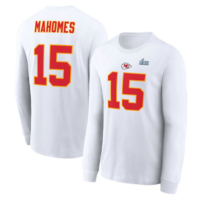 Men's Kansas City Chiefs #15 Patrick Mahomes White Super Bowl LVII Name & Number Long Sleeve T-Shirt