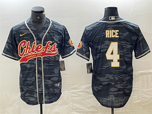 Men's Kansas City Chiefs #4 Rashee Rice Grey Camo Cool Base Stitched Baseball Jersey