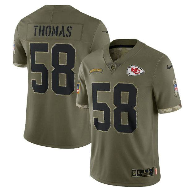 Men's Kansas City Chiefs #58 Derrick Thomas Olive 2022 Salute To Service Limited Stitched Jersey