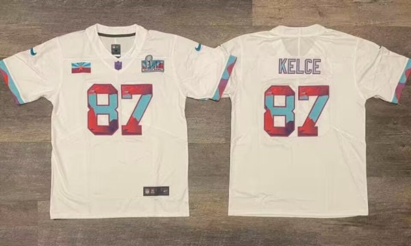 Men's Kansas City Chiefs #87 Travis Kelce White Super Bowl LVII Patch Vapor Untouchable Limited Stitched Jersey
