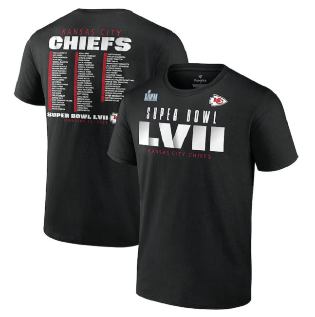 Men's Kansas City Chiefs Black Super Bowl LVII Varsity Roster T-Shirt