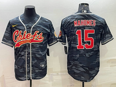 Men's Kansas City Chiefs Blank #15 Patrick Mahomes Grey Navy Camo With Patch Cool Base Stitched Baseball Jersey