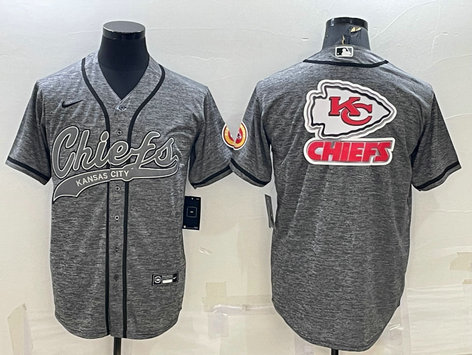 Men's Kansas City Chiefs Grey Team Big Logo With Patch Cool Base Stitched Baseball Jersey