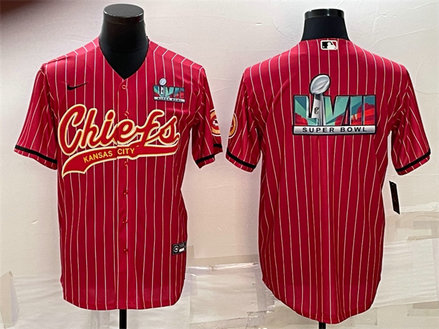 Men's Kansas City Chiefs Red With Super Bowl LVII Big Logo Cool Base Stitched Baseball JerseyS