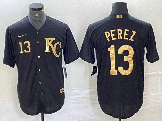 Men's Kansas City Royals #13 Salvador Perez Black Gold Cool Base Stitched Jersey 2