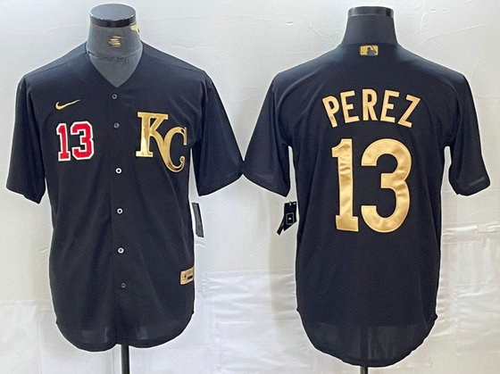 Men's Kansas City Royals #13 Salvador Perez Black Gold Cool Base Stitched Jersey5