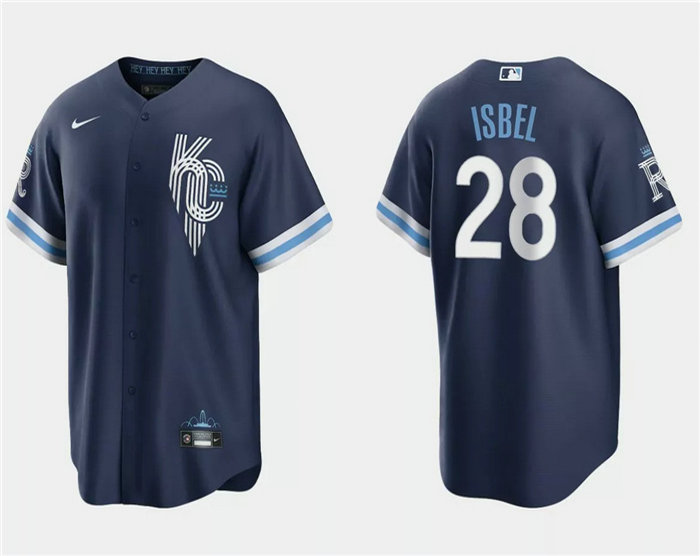 Men's Kansas City Royals #28 Kyle Isbel Navy City Connect Cool Base Stitched Baseball Jersey