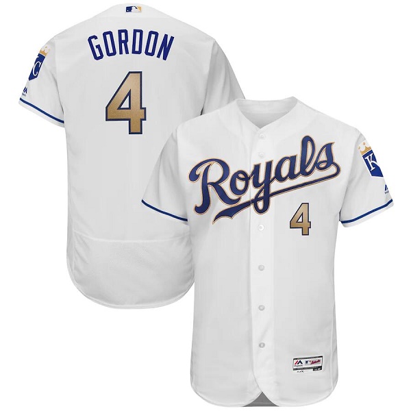 Men's Kansas City Royals #4 Alex Gordon White Gold Flex Base Stitched Jersey
