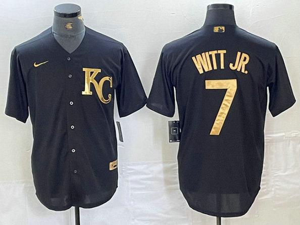 Men's Kansas City Royals #7 Bobby Witt Jr. Black Cool Base Stitched Jersey 2