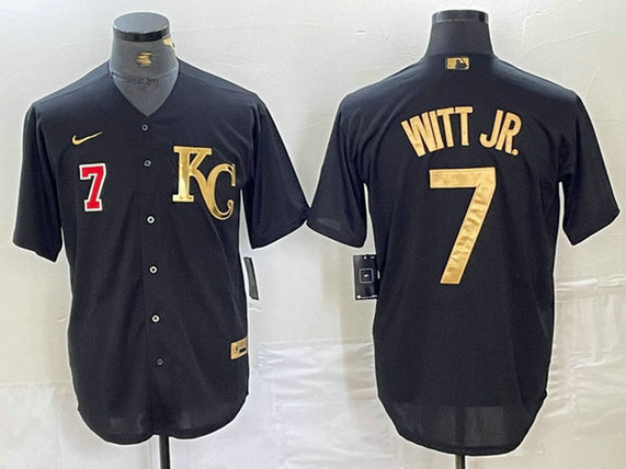 Men's Kansas City Royals #7 Bobby Witt Jr. Black Cool Base Stitched Jersey 3