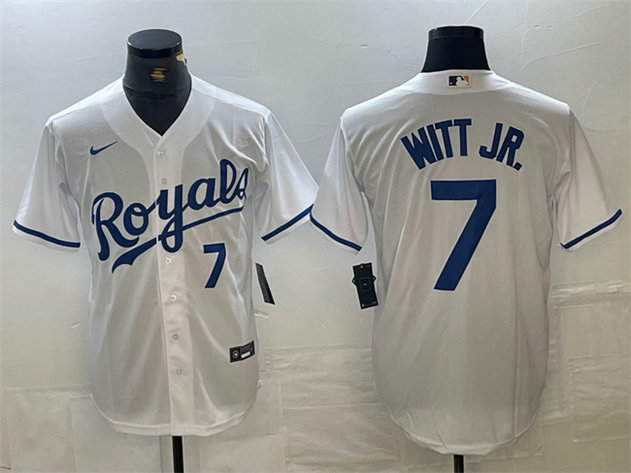 Men's Kansas City Royals #7 Bobby Witt Jr. White With Patch Cool Base Stitched Baseball Jersey