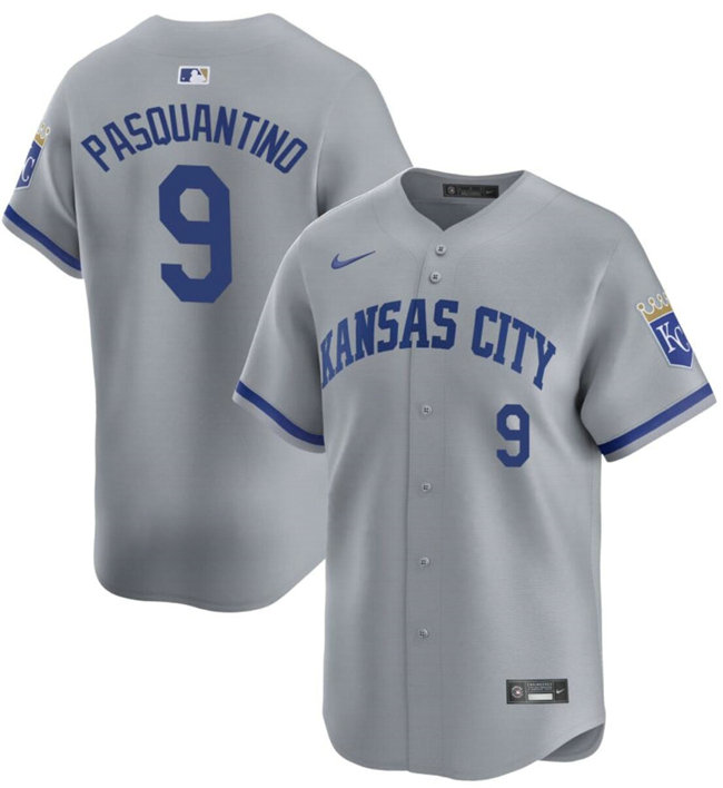 Men's Kansas City Royals #9 Vinnie Pasquantino Grey 2024 Away Limited Stitched Baseball Jersey