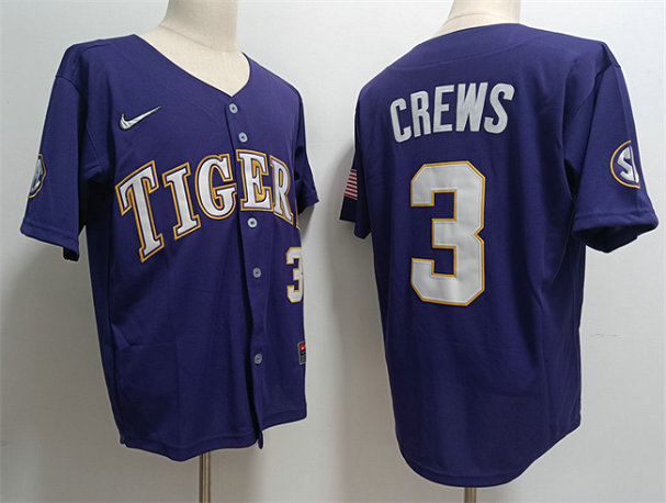 Men's LSU Tigers #3 ylan Crews Purple 2023 Stitched Baseball Jersey