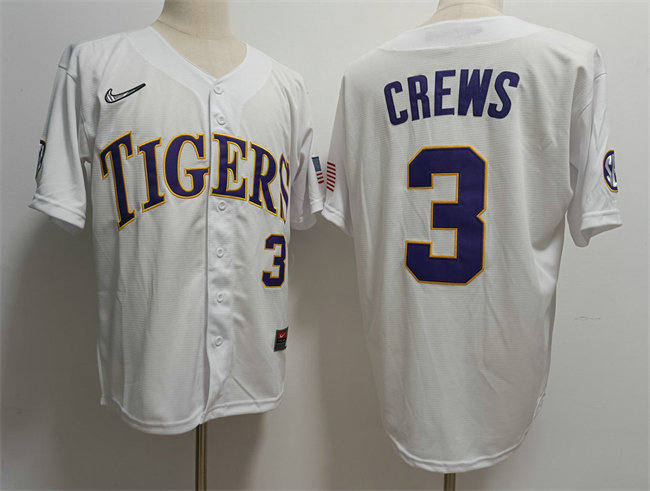 Men's LSU Tigers #3 ylan Crews White Stitched Baseball Jersey