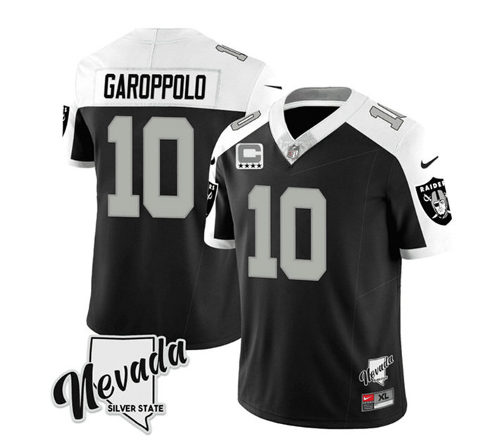 Men's Las Vegas Raiders #10 Jimmy Garoppolo Black White 2023 F.U.S.E Nevada Silver Stat With 4-Star C Patch Stitched Football Jersey