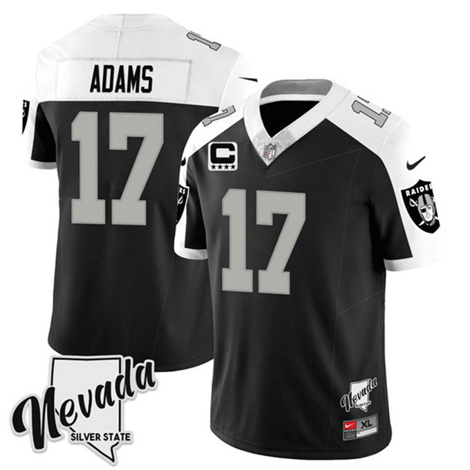 Men's Las Vegas Raiders #17 Davante Adams Black White 2023 F.U.S.E Nevada Silver Stat With 4-Star C Patch Stitched Football Jersey