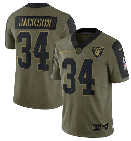 Men's Las Vegas Raiders #34 Bo Jackson 2021 Olive Salute To Service Limited Stitched Jersey