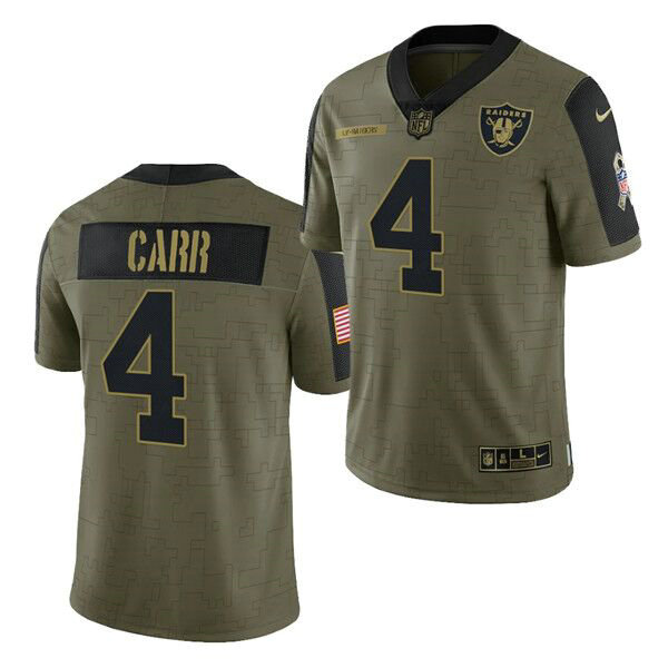 Men's Las Vegas Raiders #4 Derek Carr 2021 Olive Salute To Service Limited Stitched Jersey