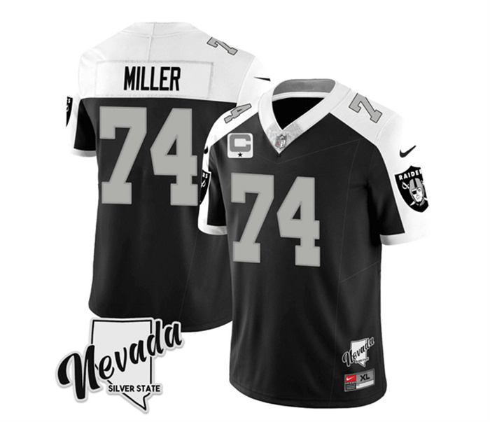 Men's Las Vegas Raiders #74 Kolton Miller Black White 2023 F.U.S.E Nevada Silver Stat With 1-Star C Patch Stitched Football Jersey