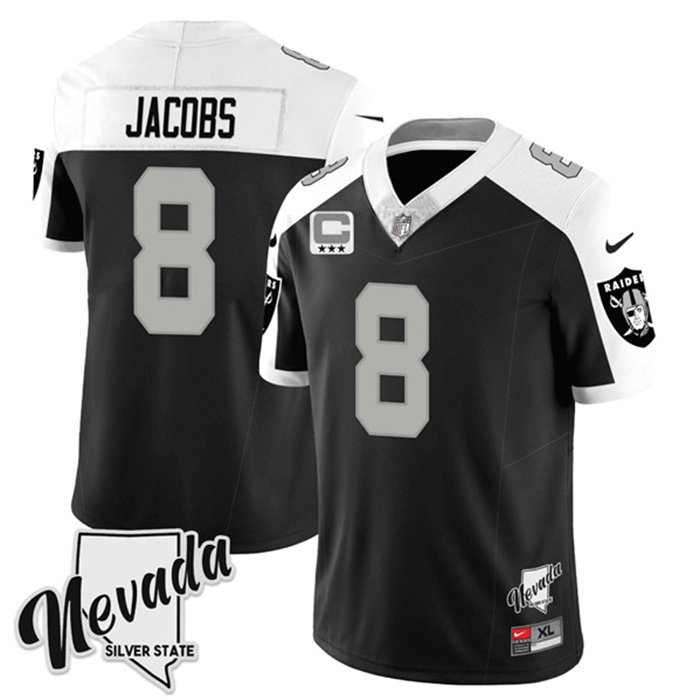 Men's Las Vegas Raiders #8 Josh Jacobs Black White 2023 F.U.S.E Nevada Silver Stat With 3-Star C Patch Stitched Football Jersey