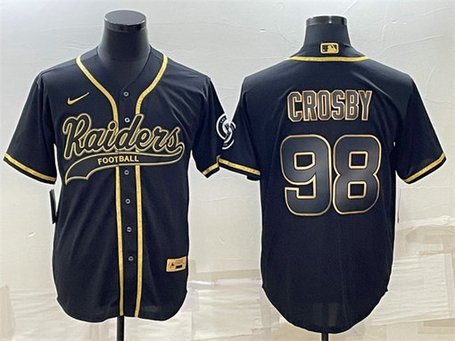 Men's Las Vegas Raiders #98 Maxx Crosby Black Gold With Patch Cool Base Stitched Baseball Jersey