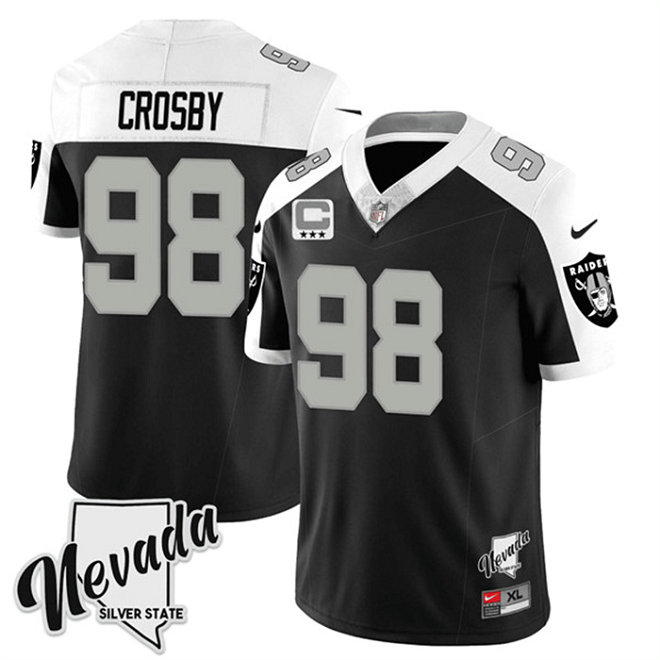 Men's Las Vegas Raiders #98 Maxx Crosby Black White 2023 F.U.S.E Nevada Silver Stat With 3-Star C Patch Stitched Football Jersey