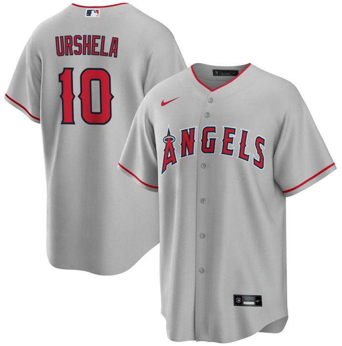 Men's Los Angeles Angels #10 Gio Urshela Grey Cool Base Stitched Jersey