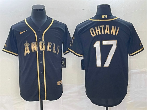 Men's Los Angeles Angels #17 Shohei Ohtani Black Gold Cool Base Stitched Baseball Jersey