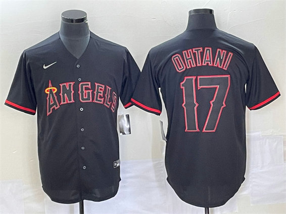 Men's Los Angeles Angels #17 Shohei Ohtani Black Red Cool Base Stitched Jersey