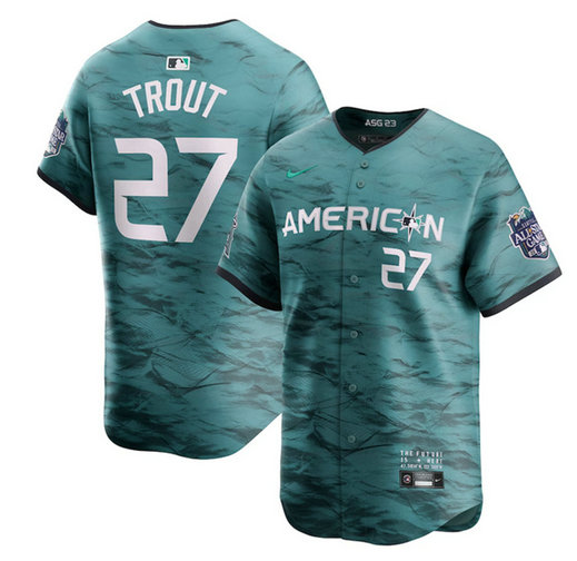 Men's Los Angeles Angels #27 Mike Trout Teal 2023 All-Star Cool Base Stitched Jersey