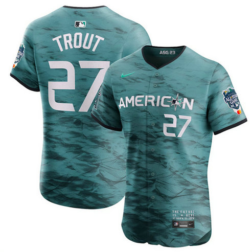 Men's Los Angeles Angels #27 Mike Trout Teal 2023 All-Star Flex Base Stitched Jersey