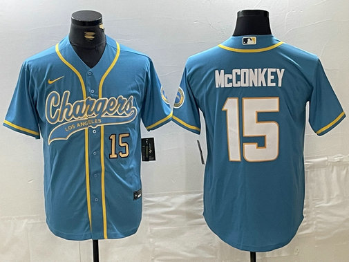 Men's Los Angeles Chargers #15 Ladd McConkey Blue Cool Base Stitched Baseball Jersey 1