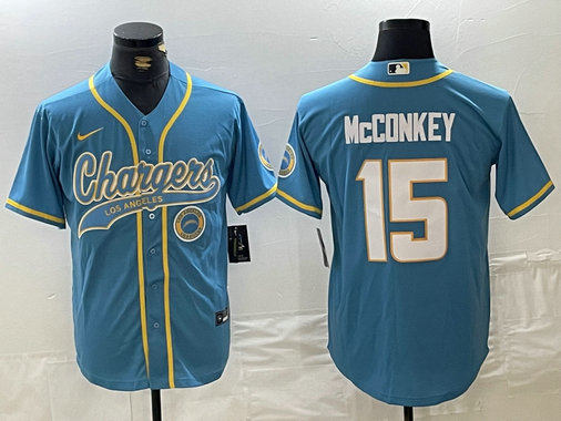 Men's Los Angeles Chargers #15 Ladd McConkey Blue Cool Base Stitched Baseball Jersey 2