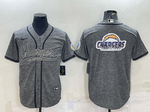 Men's Los Angeles Chargers Grey Gridiron Team Big Logo Cool Base Stitched Baseball Jersey