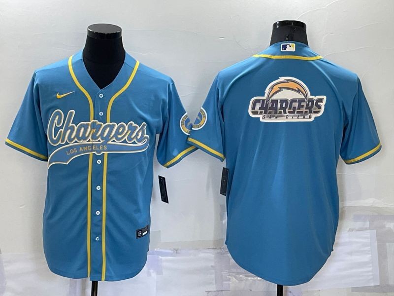 Men's Los Angeles Chargers Light Blue Team Big Logo With Patch Cool Base Stitched Baseball Jersey