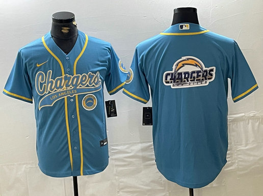 Men's Los Angeles Chargers big logo Blue Cool Base Stitched Baseball Jersey
