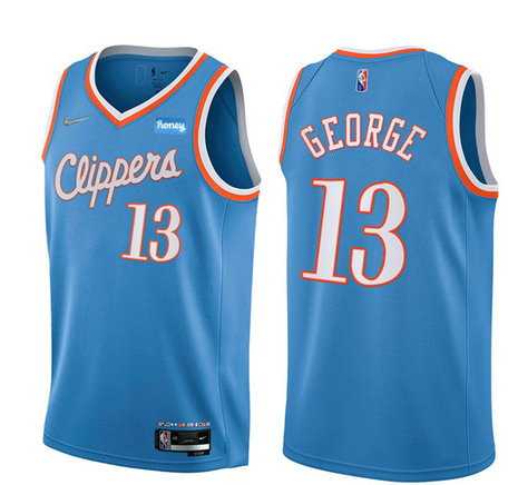 Men's Los Angeles Clippers #13 Paul George 2021 22 City Edition Light Blue 75th Anniversary Stitched Basketball Jersey