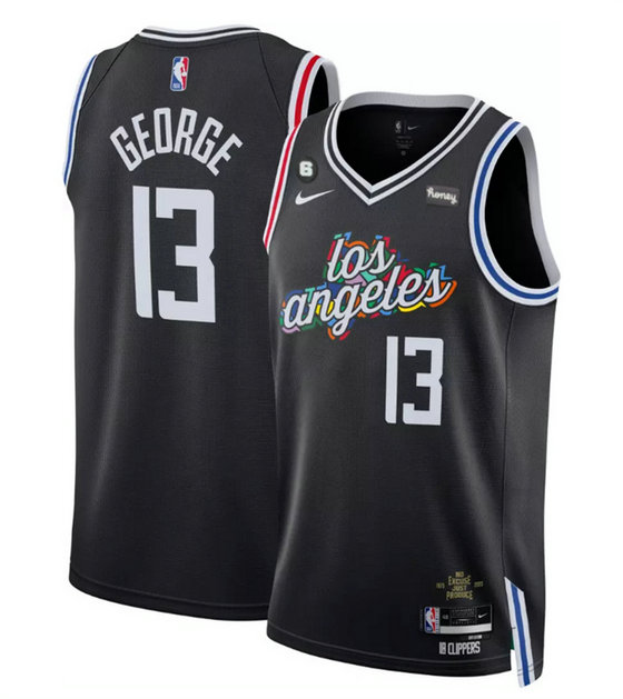 Men's Los Angeles Clippers #13 Paul George Black 2022 23 City Edition With NO.6 Patch Stitched Jersey
