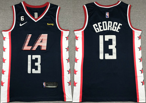 Men's Los Angeles Clippers #13 Paul George Navy 2022 23 City Edition With NO.6 Patch Stitched Jersey
