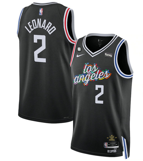 Men's Los Angeles Clippers #2 Kawhi Leonard Black 2022 23 City Edition With NO.6 Patch Stitched Jersey