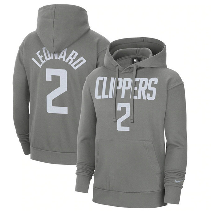 Men's Los Angeles Clippers #2 Kawhi Leonard Grey 2020 21 Earned Edition Name & Number Essential Pullover Hoodie