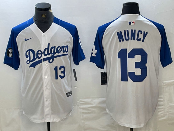 Men's Los Angeles Dodgers #13 Max Muncy White Blue Vin Patch Cool Base Stitched Baseball Jersey 1