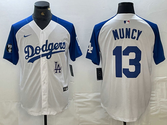 Men's Los Angeles Dodgers #13 Max Muncy White Blue Vin Patch Cool Base Stitched Baseball Jersey 10
