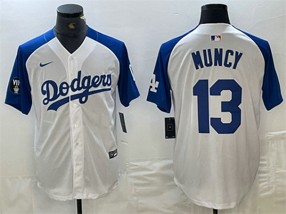 Men's Los Angeles Dodgers #13 Max Muncy White Blue Vin Patch Cool Base Stitched Baseball Jersey